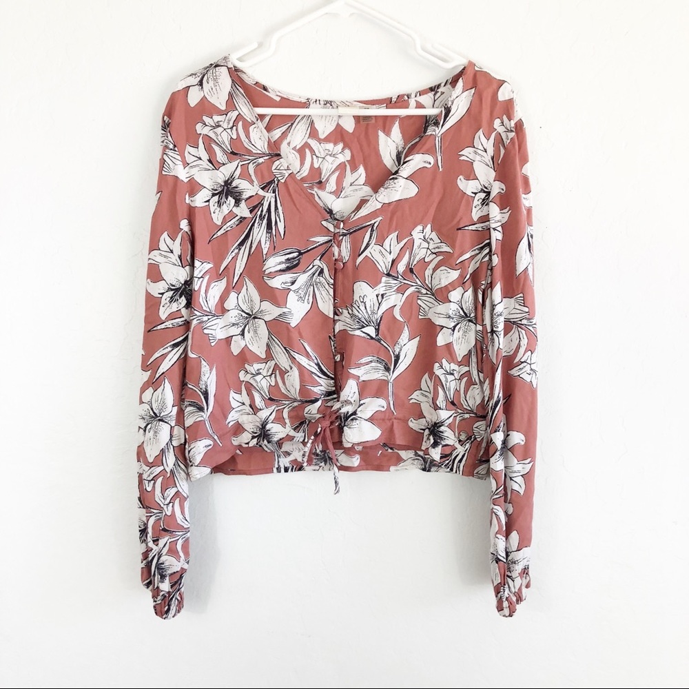 Roxy Peach White Floral Print Button Down Blouse